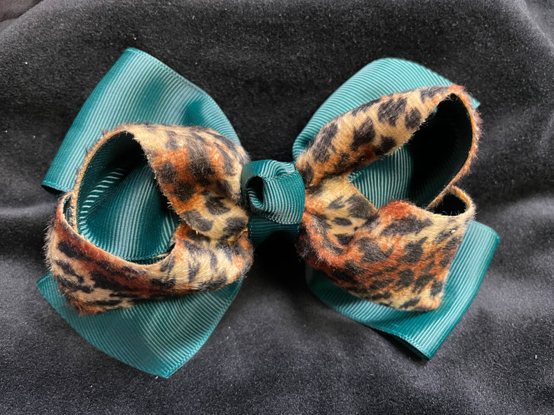 LEOPARD BOWS WITH RIBBON COLOR (roughly 6in) - Lil Monkey Boutique