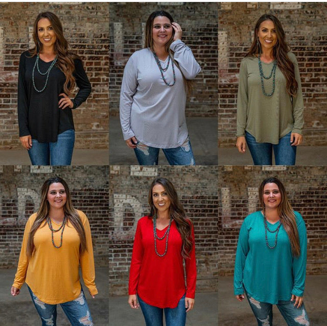 LONG SLEEVE SOLID COLOR V NECK TUNIC - Lil Monkey Boutique