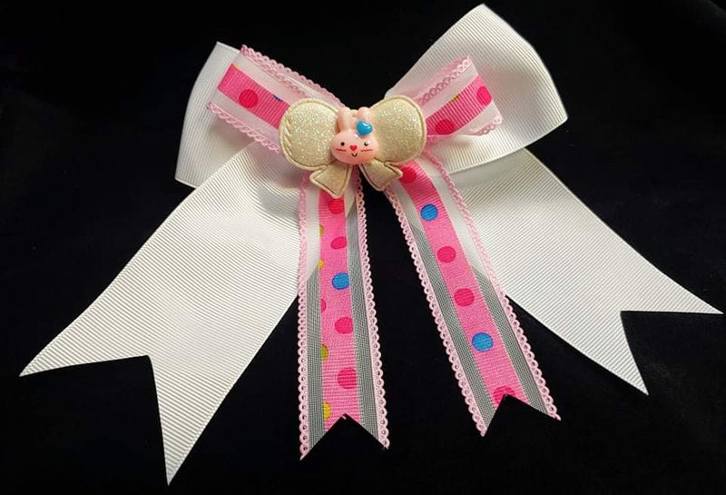 DOUBLE RIBBON BUNNY CENTER BOW WITH TAILS - Lil Monkey Boutique