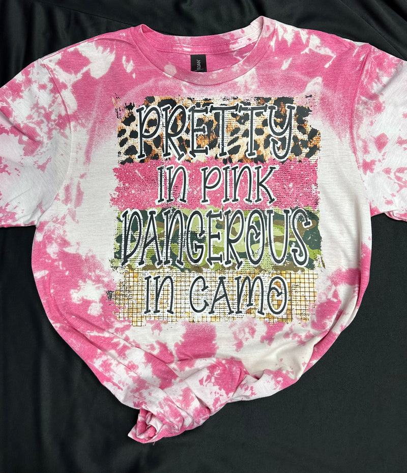 CUSTOM PRETTY IN PINK DANGEROUS IN CAMO PRINT ON BLEACHED SHORT SLEEVE SHIRT - Lil Monkey Boutique