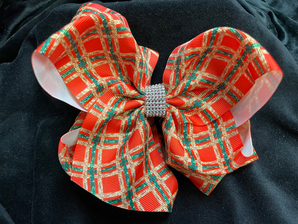RED, GOLD AND GREEN PRINT DOUBLE LAYER BOW WITH RHINESTONE CENTER (roughly 8”) - Lil Monkey Boutique