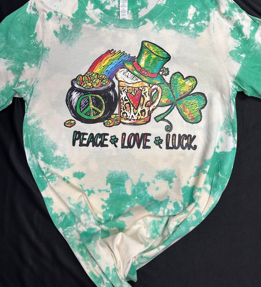 CUSTOM PEACE LOVE AND LUCK PRINT ON BLEACHED SHORT SLEEVE SHIRT - Lil Monkey Boutique