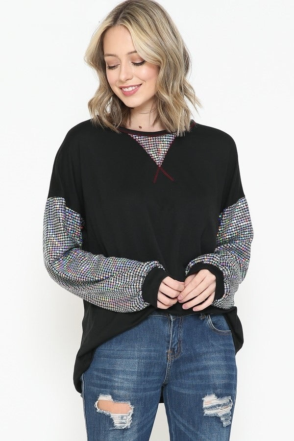 BLACK SWEATER BLOUSE WITH SILVER SEQUIN SLEEVES - Lil Monkey Boutique