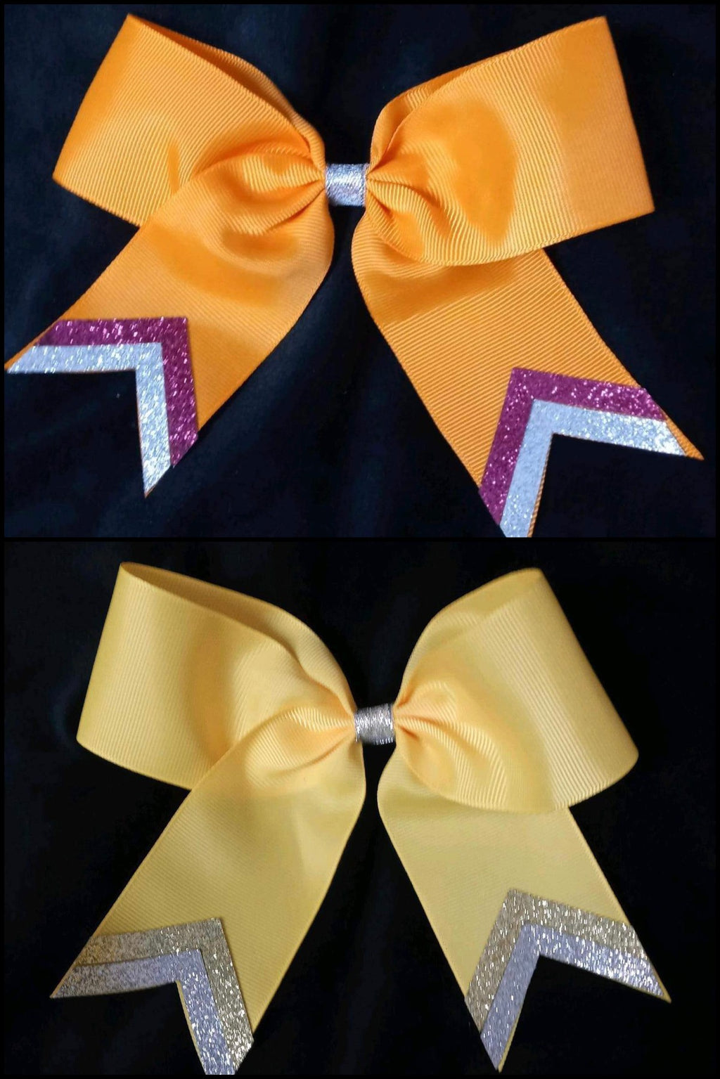 CHEER BOWS WITH GLITTER TAILS (ROUGHLY 6”) - Lil Monkey Boutique