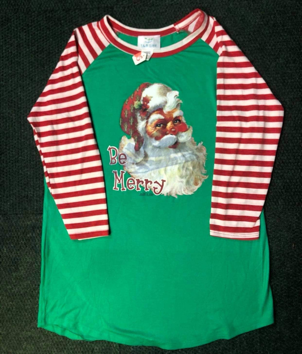 CHRISTMAS SANTA BE MERRY WITH CANDY CANE STRIPED SLEEVE CUSTOM RAGLAN SHIRT - Lil Monkey Boutique