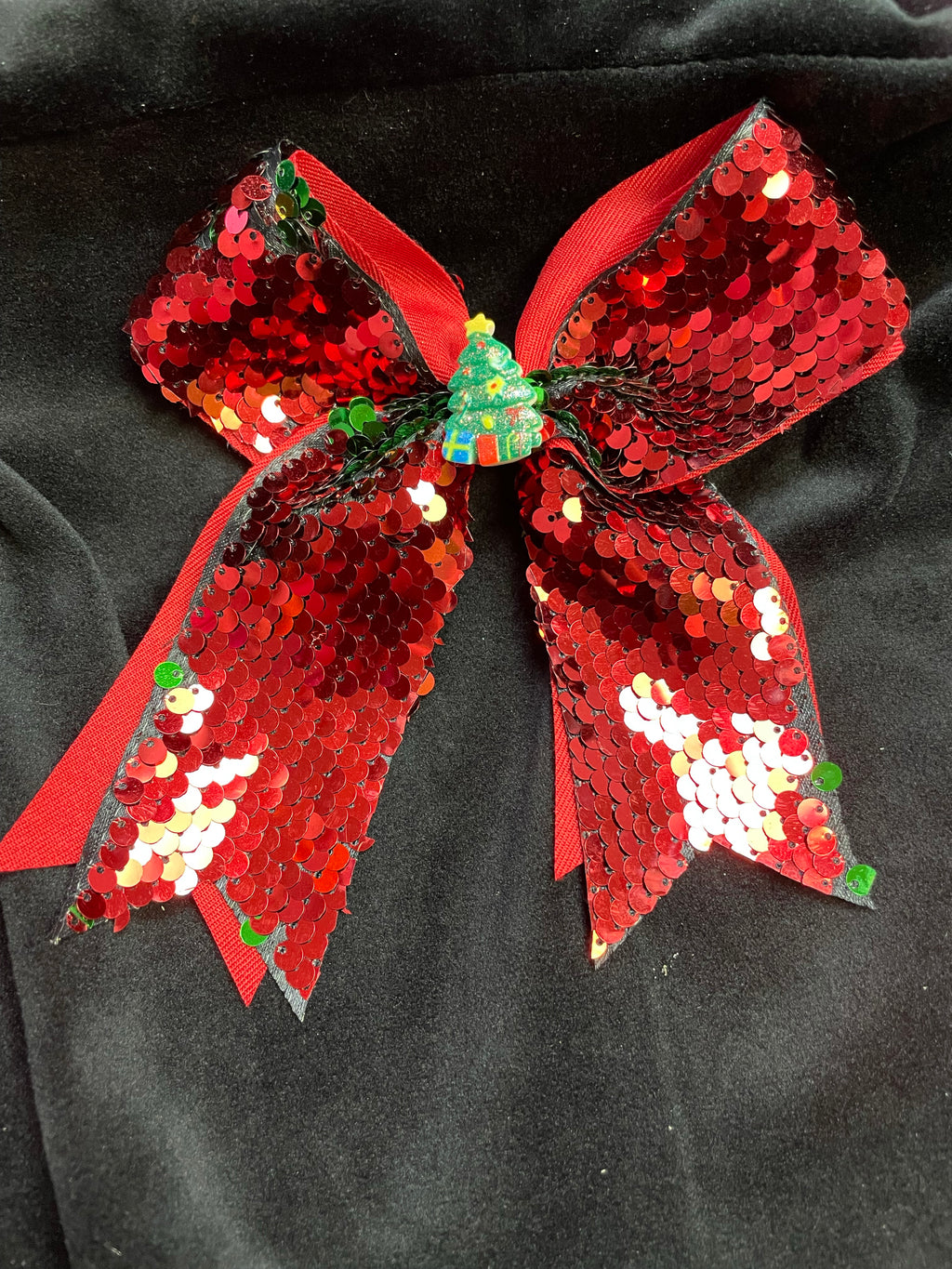 CHRISTMAS TREE RED SEQUIN BOW WITH TAILS - Lil Monkey Boutique