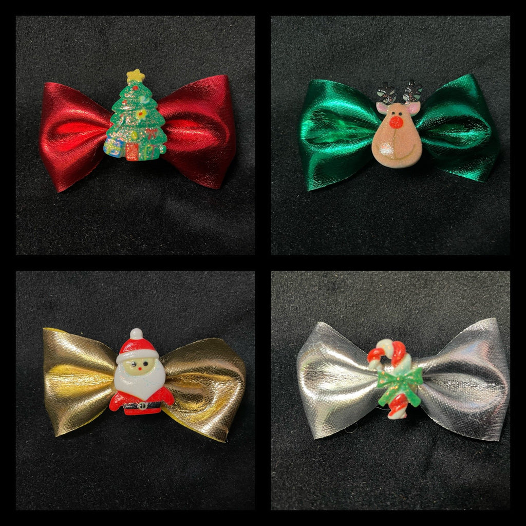 SMALL METALLIC CHRISTMAS BOW IN 4 COLORS AND STYLES (ROUGHLY 2 1/2") - Lil Monkey Boutique