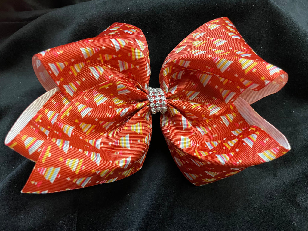 CHRISTMAS TREES PRINT BOW WITH RHINESTONE CENTER (ROUGHLY 7") - Lil Monkey Boutique