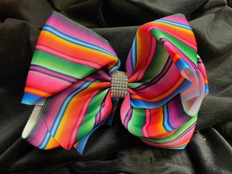SERAPE PRINT DOUBLE LAYER BOW WITH RHINESTONE CENTER (roughly 8”) - Lil Monkey Boutique