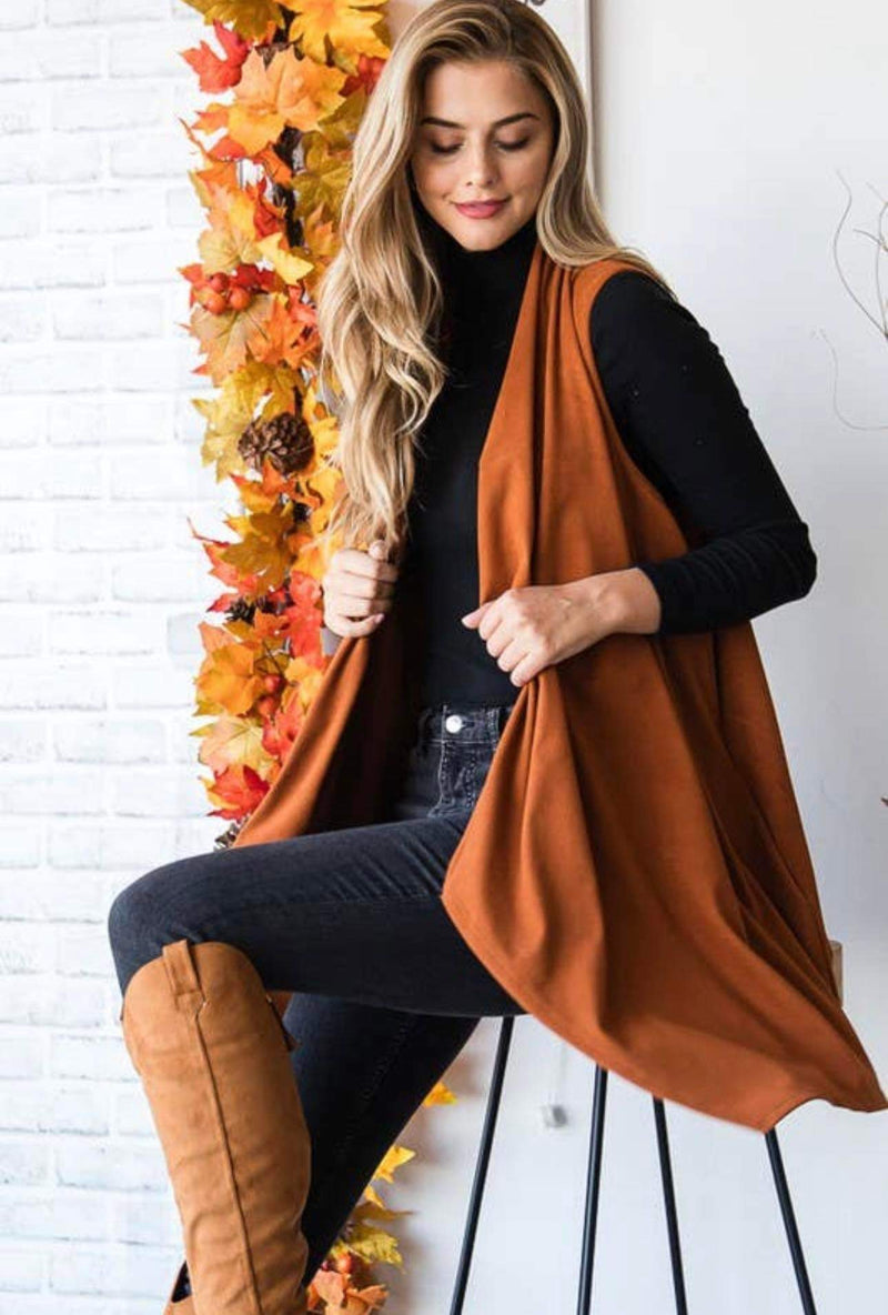 SLEEVELESS SOLID OPEN CARDIGAN WITH SIDE POCKET AND ASYMMETRICAL HEM DETAIL - Lil Monkey Boutique