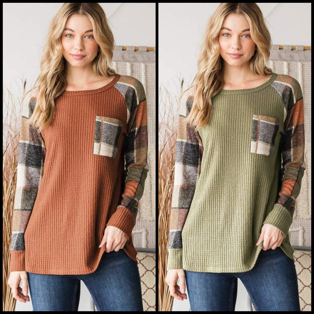 LONG SLEEVE ROUND NECK SOLID WAFFLE AND PLAID PRINT CONTRAST TOP WITH FRONT POCKET DETAIL - Lil Monkey Boutique